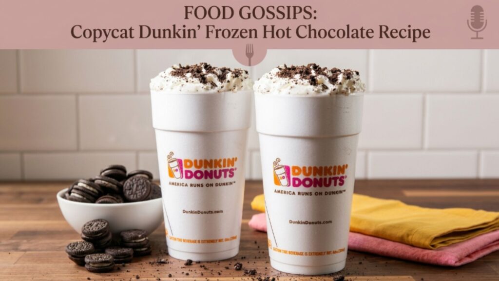 Two glasses of dunkin frozen hot chocolate recipe served with a bunch of Oreo cookies