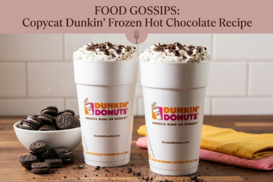Two glasses of dunkin frozen hot chocolate recipe served with a bunch of Oreo cookies